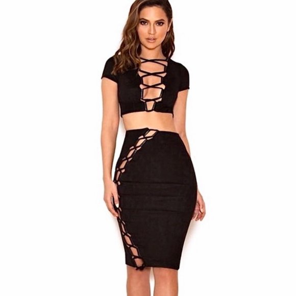 House of CB London Black Suedette Lace Up Skirt and Lace up top - Picture 1 of 4